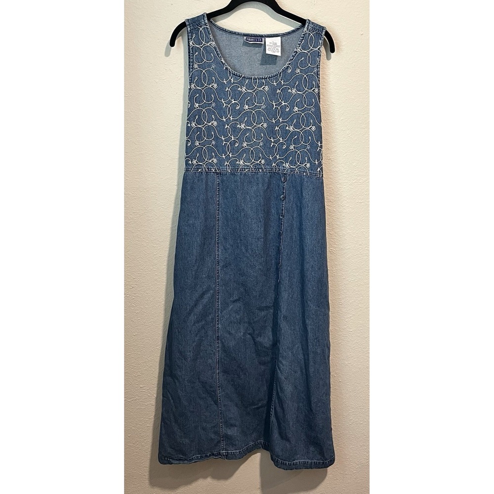 Erika & Co Denim Maxi Dress Womens Large Embroidered Blue Modest Jumper Cottage